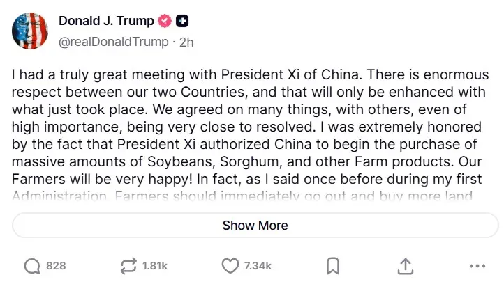 President Donald Trump's post on Truth Social